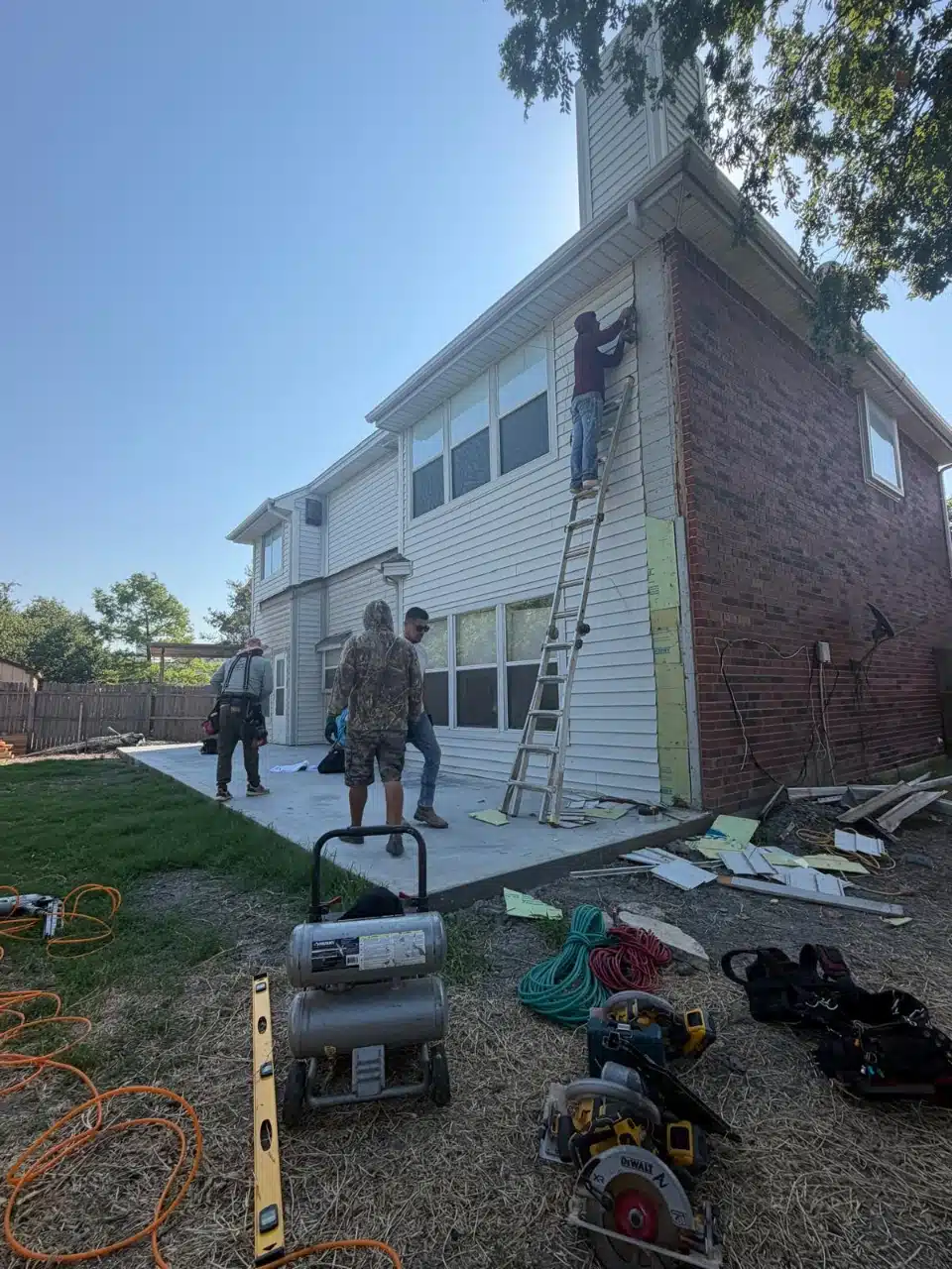 Job site during the addition build with the crew at work