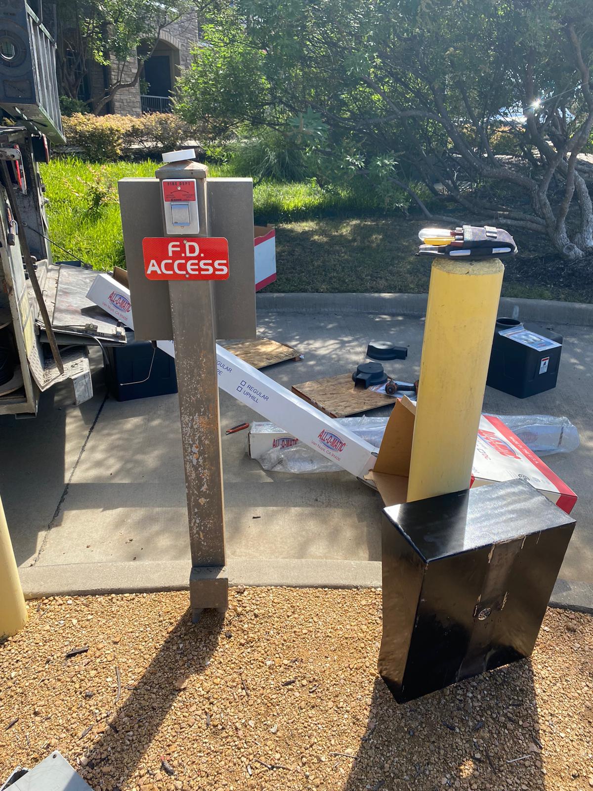 Fire department access box and bollards at the gated entrance