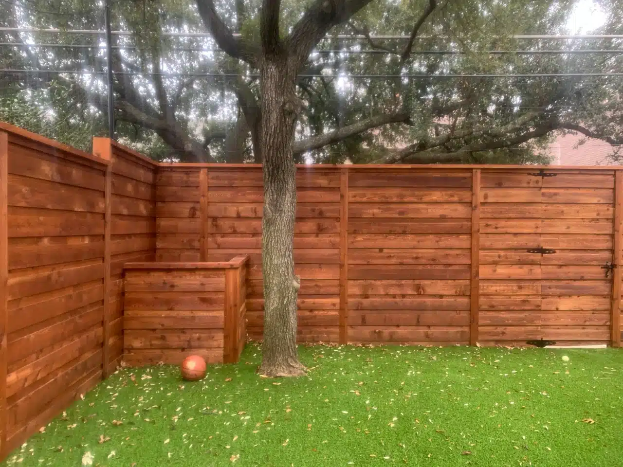 Horizontal cedar fence stepped around a mature tree in the yard