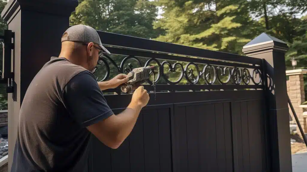 Repair work on a damaged gate and fence line