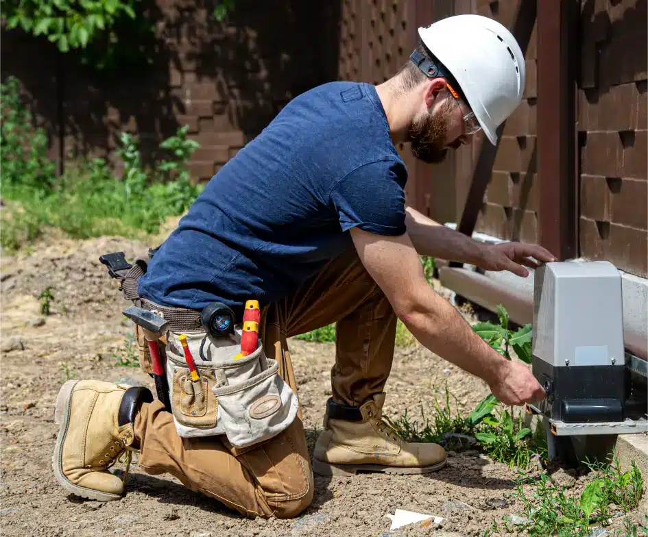 Technician inspecting an electric gate operator