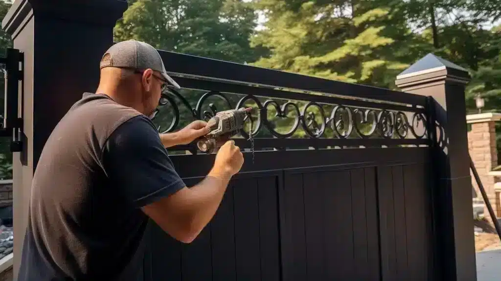 Person using a power drill to install hardware on a decorative black metal gate with scrollwork detailing